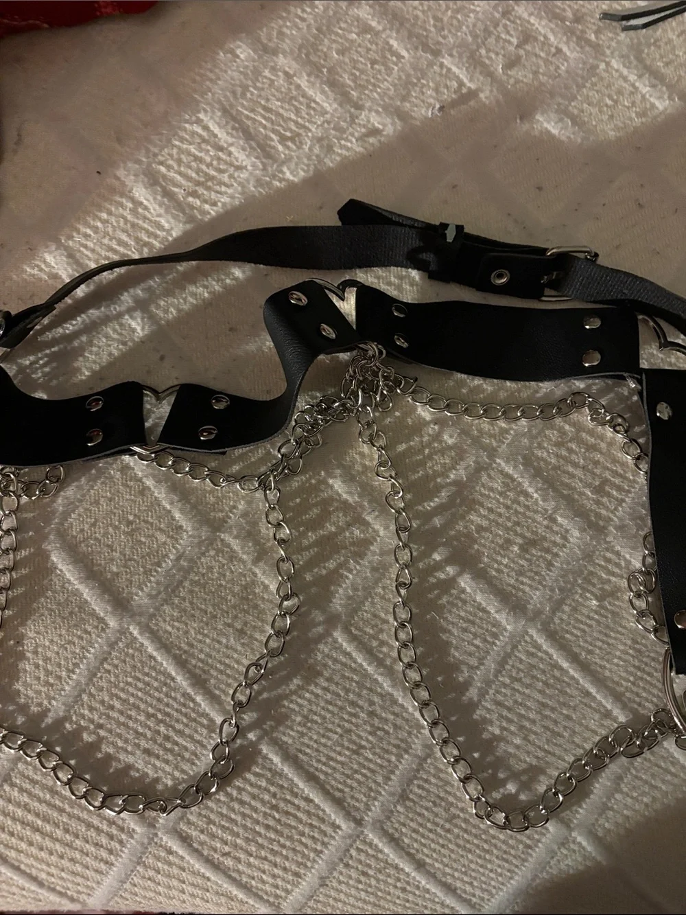 Black Faux Leather Chain Belt with Silver Chains